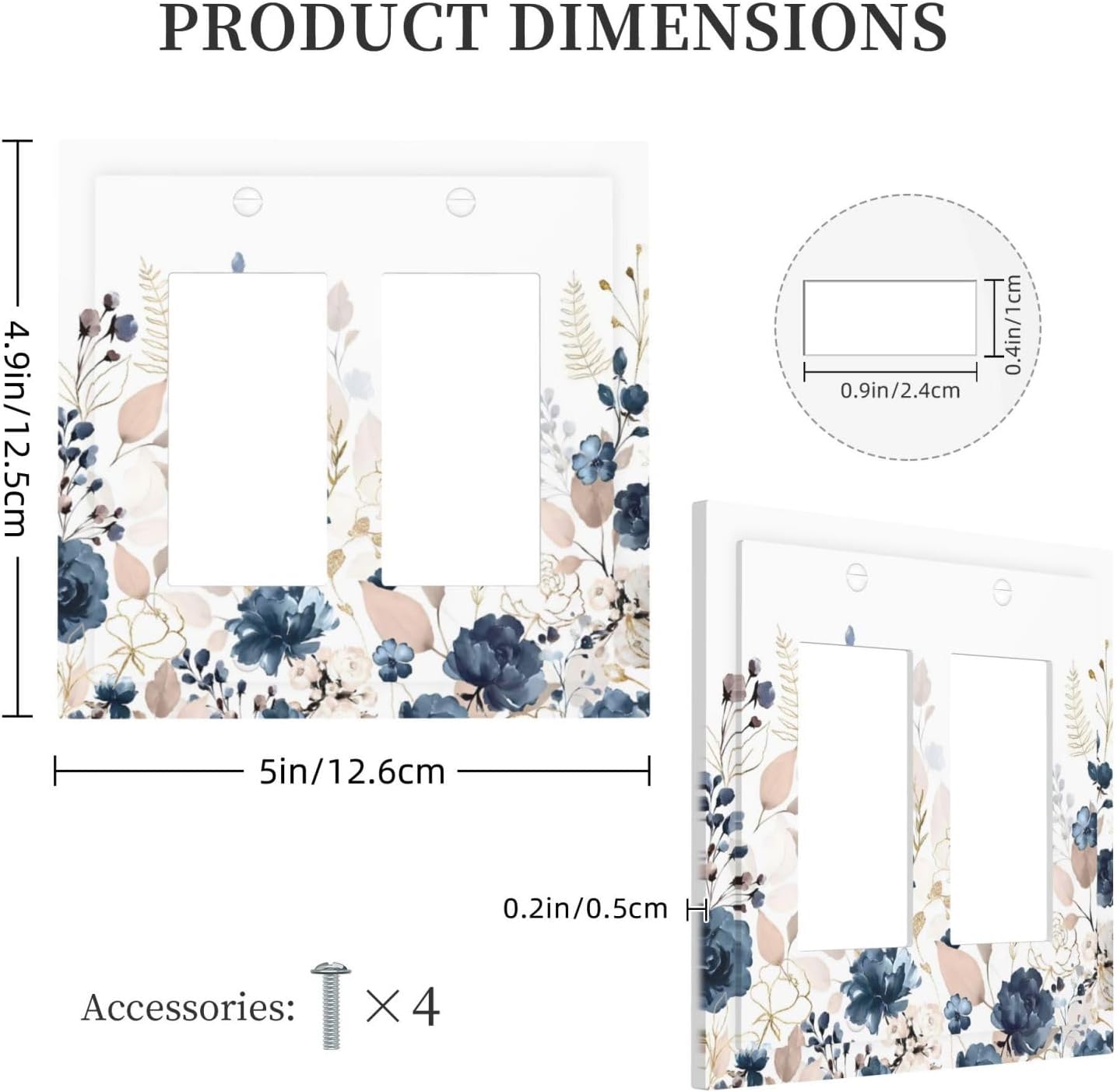 Blue Flora Boho Vintage Flower Golden Leaves Decorative Outlet Covers 2 Gang Double GFCI Rocker Electrical Wall Panels Light Switch Cover Plate for Bedroom Living Room Decor