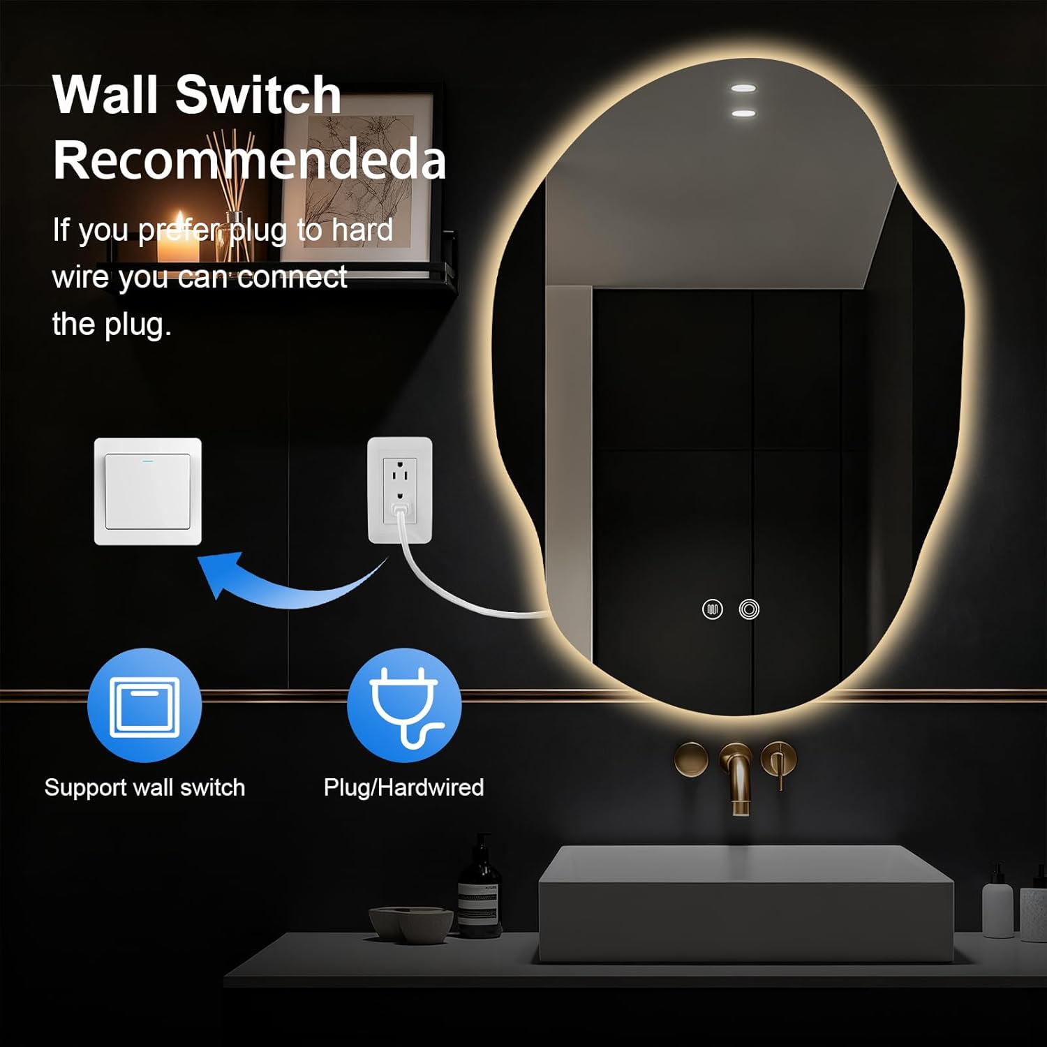 Asymmetrical Bathroom Mirror with Lights,Irregular LED Bathroom Vanity Mirror with Backlit,Anti-Fog,3 Colors and Dimmable Light with Memory,Hardwired Supported[Horizontal/Vertical] 35" H x 25" W