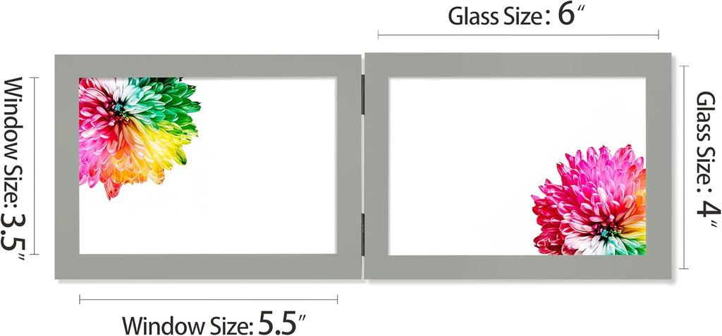 Double 4x6 Horizontal Combo, Grey Wood Picture Frame, 3.5x5.5 Opening Foldable Landscape View Photo Frame on Table-top or Wall