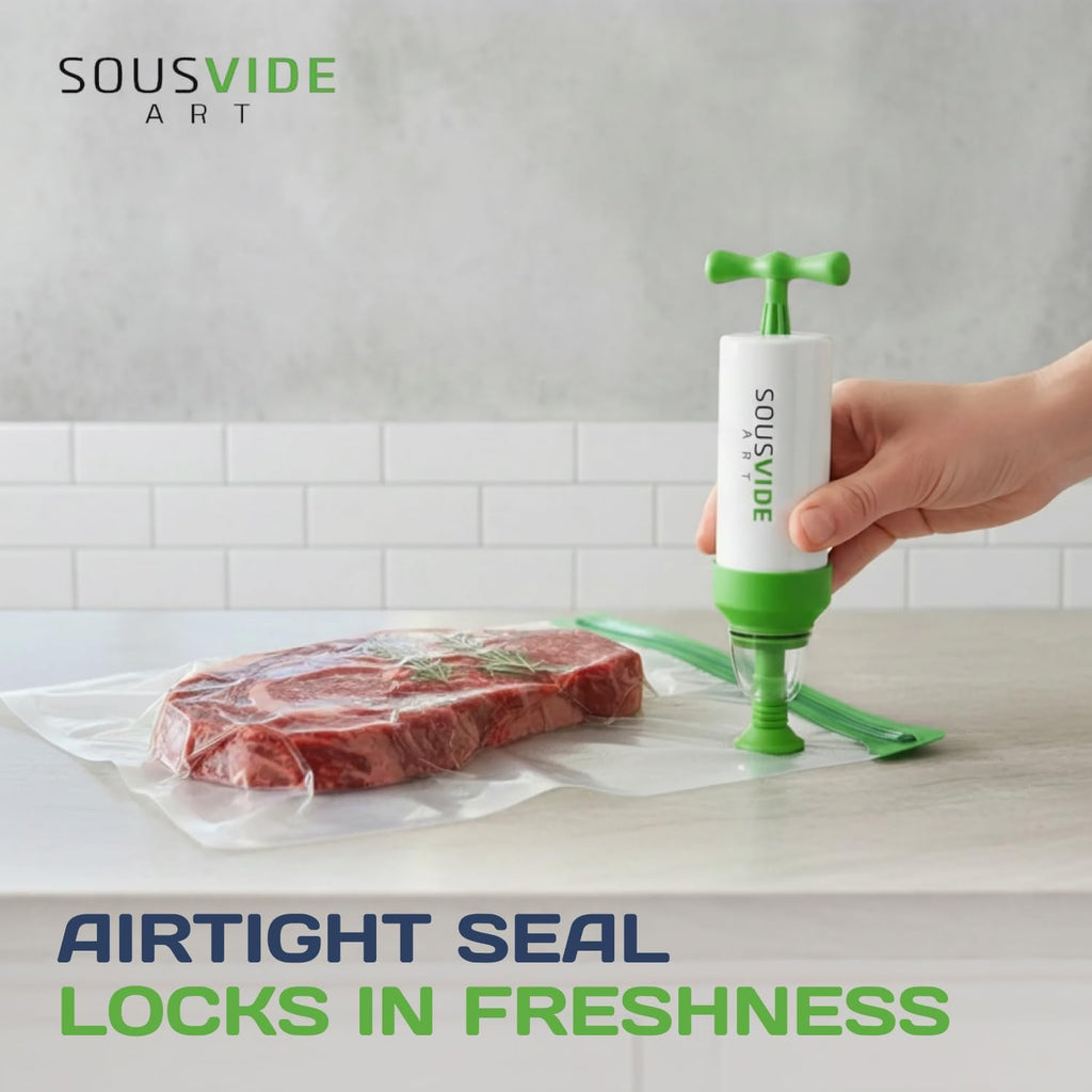 SOUSVIDE ART 37pcs Reusable Vacuum Seal Bags with Vacuum Sealer - 30 Cooking and Storage Bags of 3 Sizes with Pump and Sous Vide Cooker Accessories - Food Safe Kit, Keeps Food Fresh
