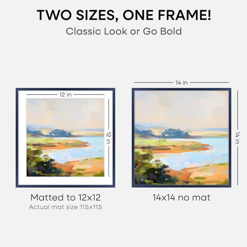 Homeforia 14x14 Picture Frame Navy Blue, High End Metal 14 x 14 Square Poster Frame with Mat 12 x 12 Photo, 14x14 Frame Matted to 12x12 Print, 14by14 Hanging Frames, Tempered Glass, Wall Kit, Set of 2