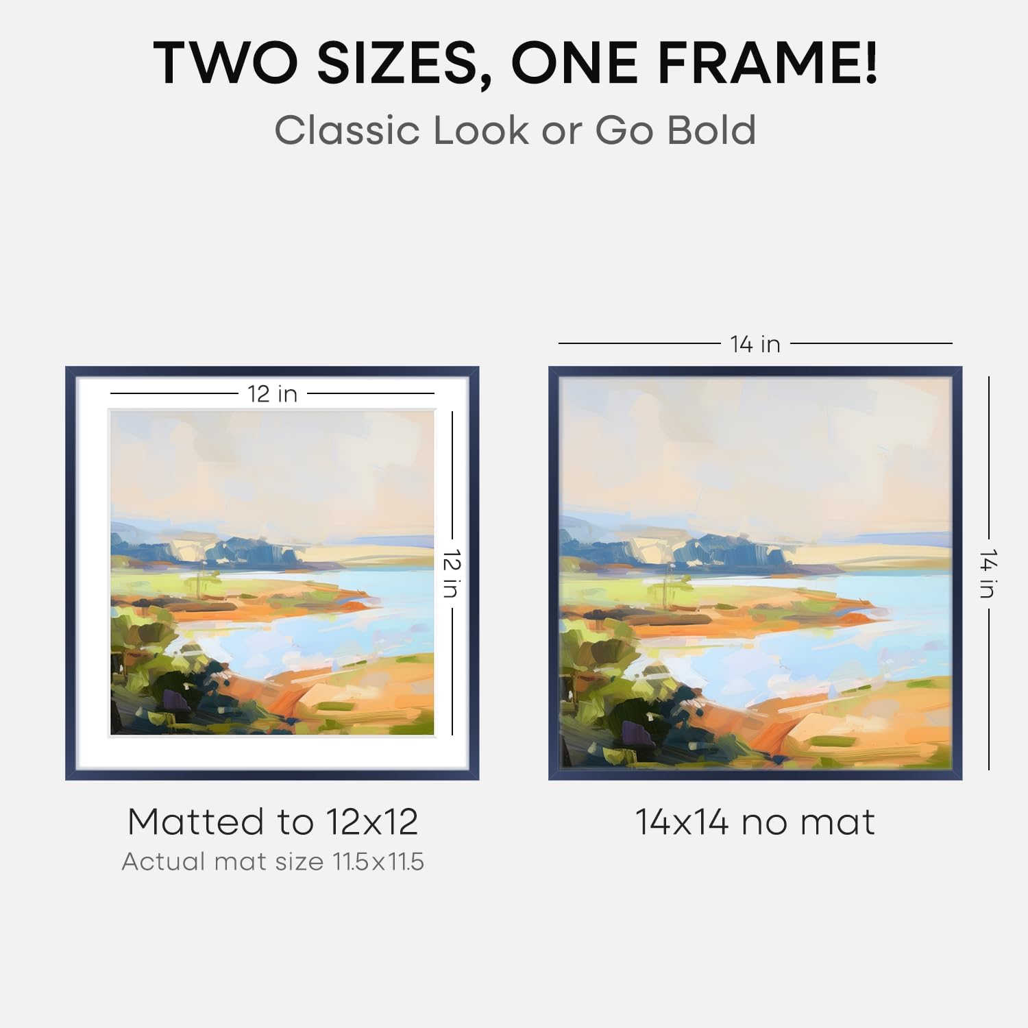 Homeforia 14x14 Picture Frame Navy Blue, High End Metal 14 x 14 Square Poster Frame with Mat 12 x 12 Photo, 14x14 Frame Matted to 12x12 Print, 14by14 Hanging Frames, Tempered Glass, Wall Kit, Set of 1