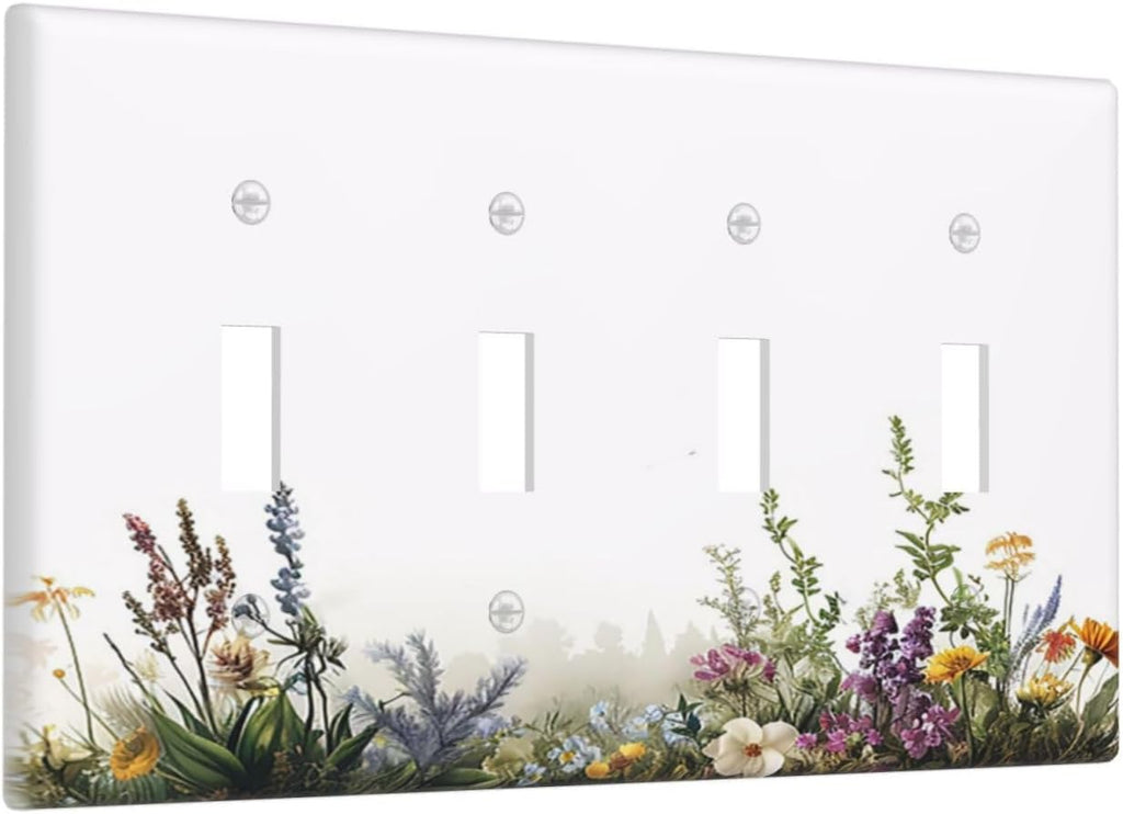 Light Switch Cover Plate White Background Colorful Flowers Plants Green Leaves 4 Gang Quad Toggle Wall Plate Electrical Outlet Cover Decorative Switch Plate Covers for Bedroom Home Decor