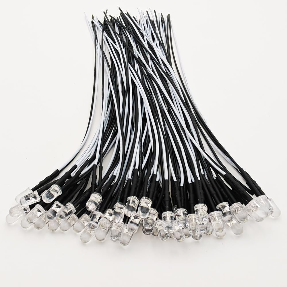 50pcs 110VAC 5mm White LED Lights Emitting Diodes, Prewired 7.9 Inch V LED Light Diffused Colored Lens Small LED