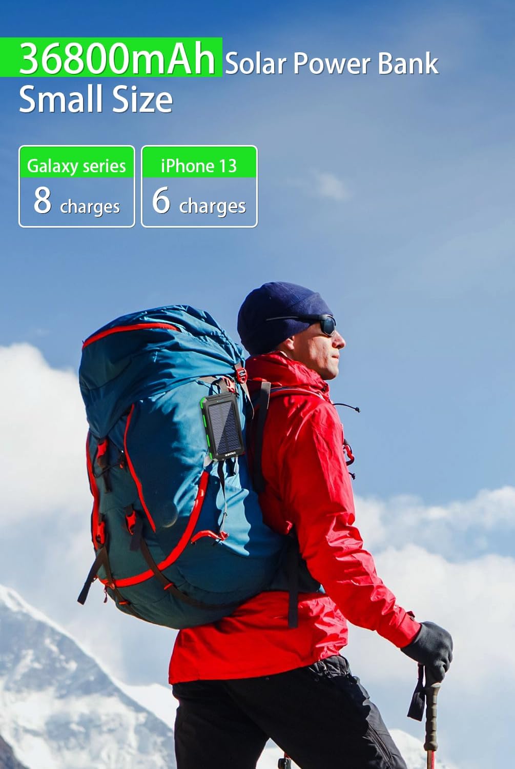 WONGKUO Solar Charger Power Bank - 36800mAh Solar Phone Charger, QC3.0 Fast Charger with LED Flashlight, IP65 Waterproof Portable Power Bank for Outdoor Activities (Matte Green)