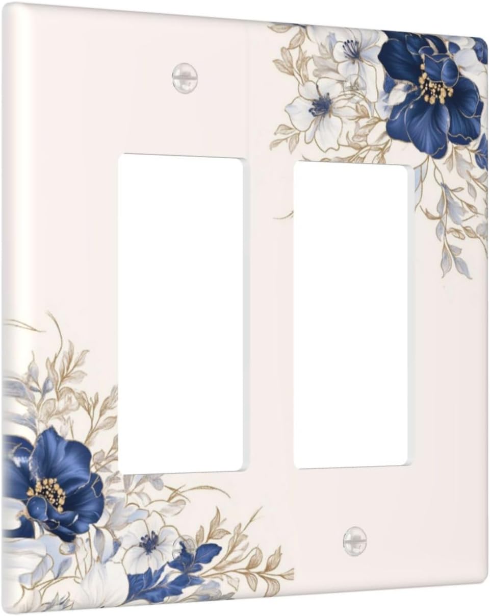 Decorative Outlet Covers Rustic Blue Beige Flower Peony Floral 2 Gang Light Switch Cover Plate Double Rocker Wall Plates for Electrical Outlets Switch Plate Covers for Bedroom Home Decor