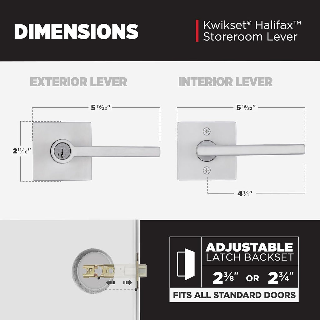 Kwikset Halifax Keyed Storeroom Entry Door Handle with Lock and Key, Secure Keyed Reversible Lever Exterior, for Front Entrance and Bedrooms, Satin Chrome, Pick Resistant Smartkey Rekey Security