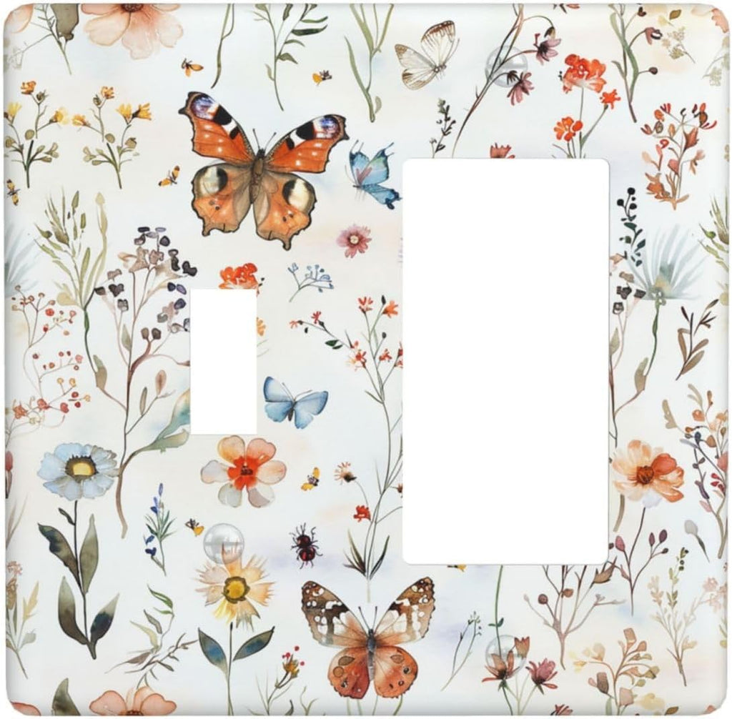 Outlet Covers Butterfly Floral Boho Multicolor Flower Leave 1 Toggle 1 Rocker Combination Decorative Wall Plate Electrical Switch Plates Light Switch Cover Plate for Bed Room living Room