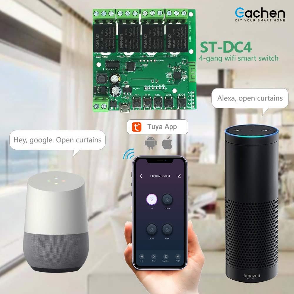4-Channel WiFi Smart Switch Relay Module, TUYA/Smart Life App for Smart Home Remote Control, Momentary Time Adjustable, Compatible with Alexa/Google Assistant