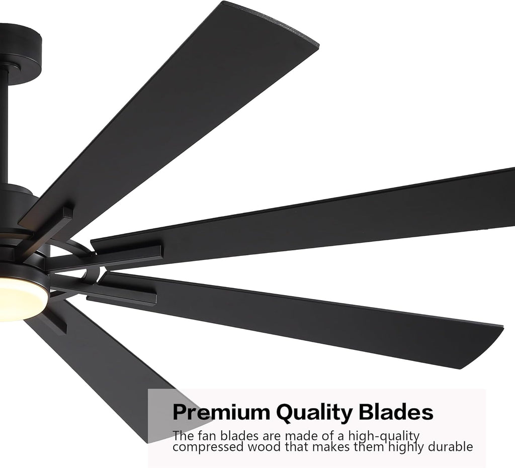WINGBO 80" DC Ceiling Fan with Lights and 3 Downrods, Matte Black Ceiling Fan, 8 Plywood Blades, 6-Speed Reversible DC Motor, Large Ceiling Fans for Kitchen Bedroom Living Room