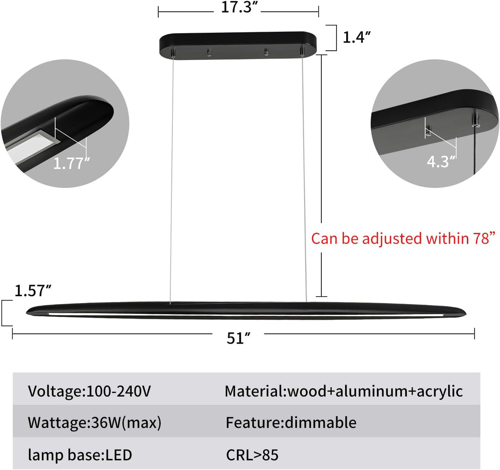 39" Wood LED Linear Pendant Light Black Linear Pendant Dinning Room Hanging Lights LED Dimmable Chandeliers 24w for Dining Room Pool Table Lights Kitchen Island Light Black
