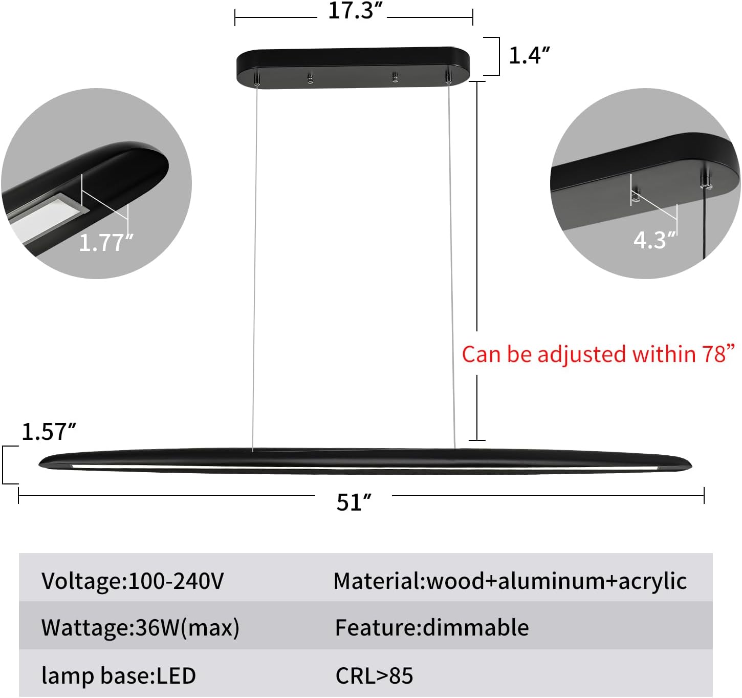 39" Wood LED Linear Pendant Light Black Linear Pendant Dinning Room Hanging Lights LED Dimmable Chandeliers 24w for Dining Room Pool Table Lights Kitchen Island Light Black