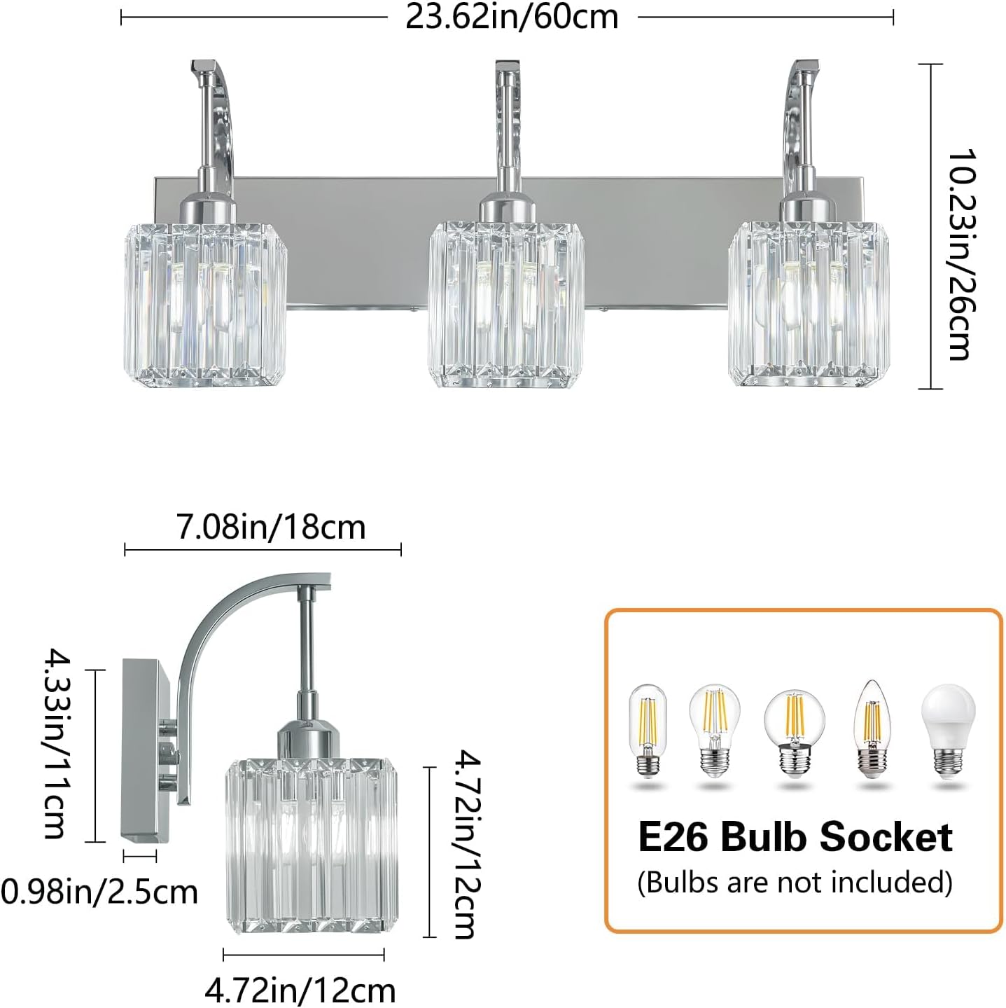 Crystal Vanity Lights 3-Light Chrome Bathroom Vanity Lights Modern Crystal Bathroom Light Fixtures Over Mirror 23.62" Long Vanity Light for Bathroom