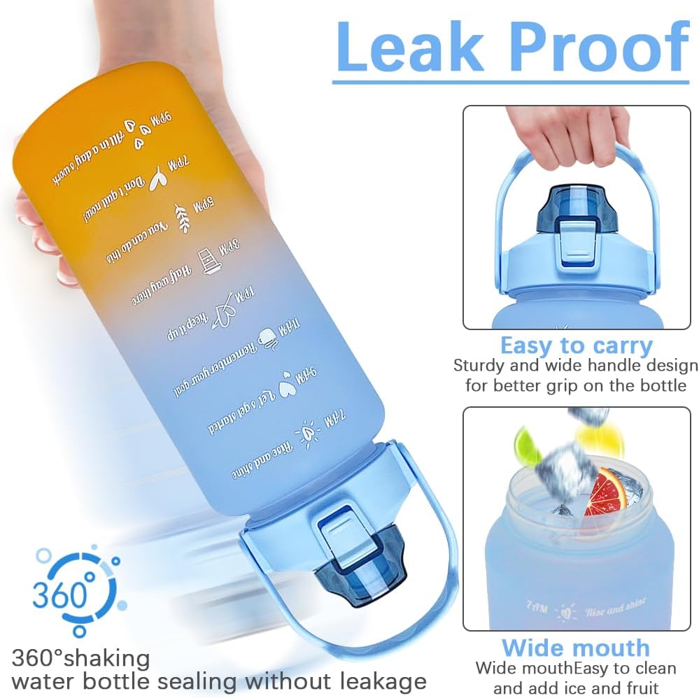 64 oz Large Capacity Water Bottle with Motivational Time Markers and Straw, Portable, Leakproof, BPA Free for Fitness, Gym and Outdoor Sports. (blue gradient)
