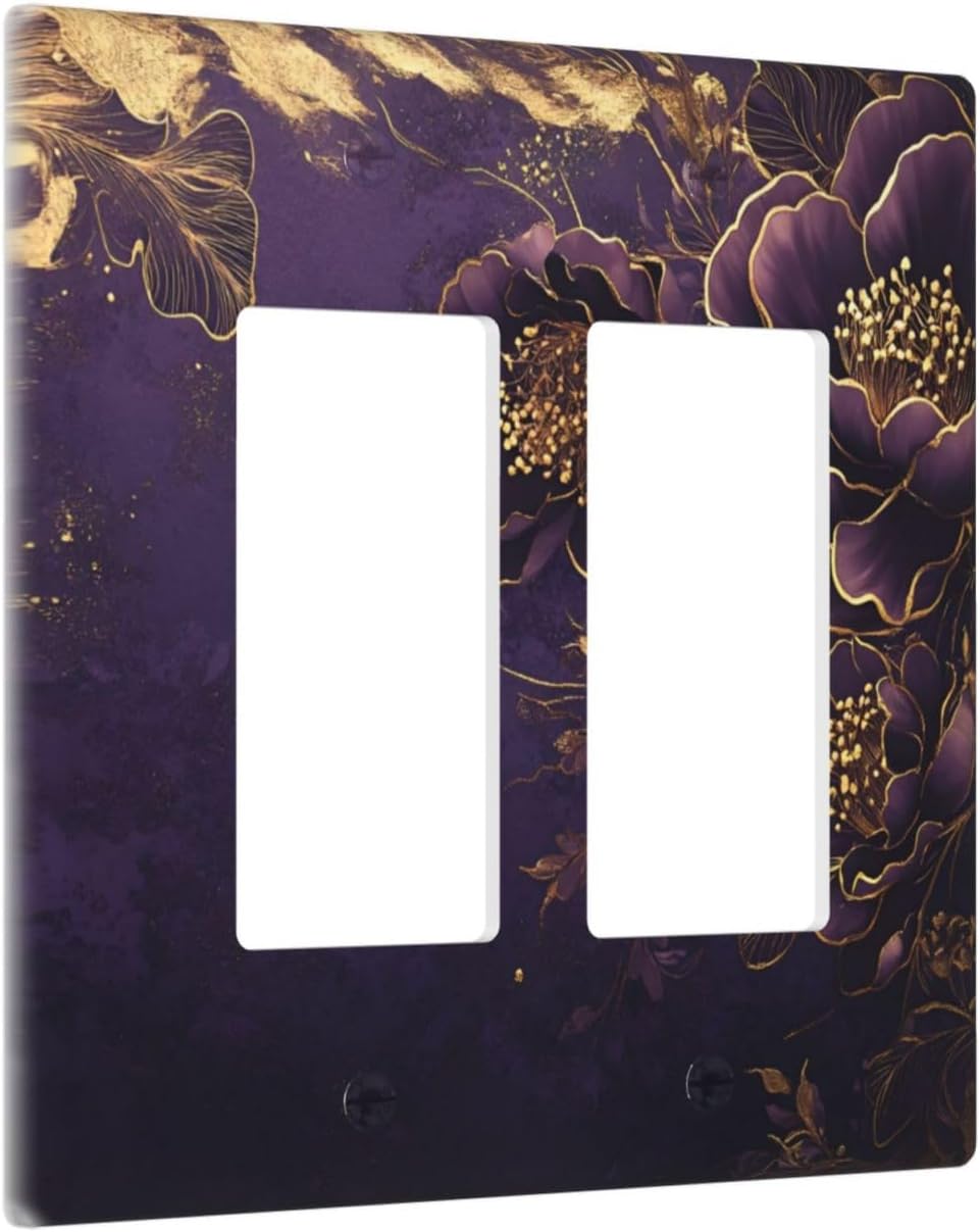 Decorative Outlet Covers Vintage Purple Peony Gold Leaf Flowers Floral 2 Gang Wall Plate Double Rocker Two Switch Wall Cover Plate Jumbo Dual Electrical GFCI Face Plate for Bedroom Decor