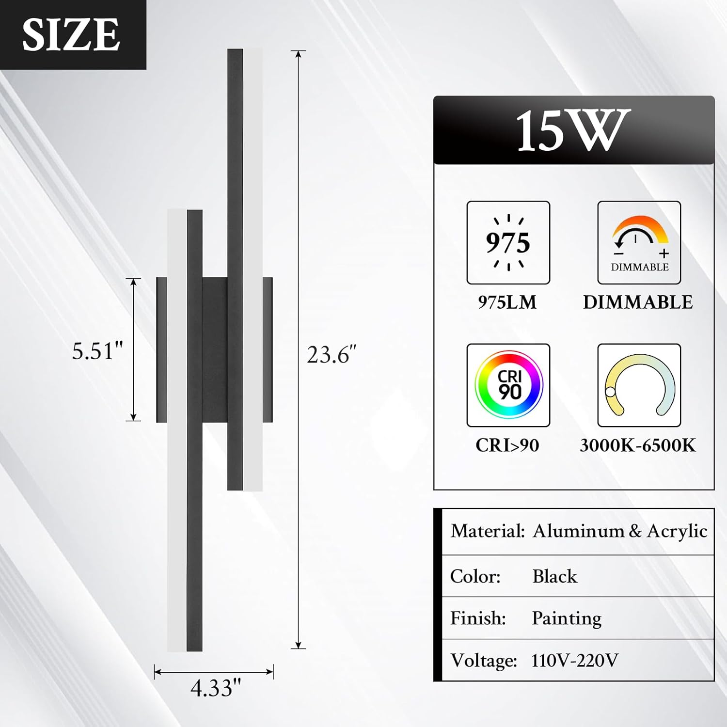 LED Wall Sconce Black Modern Remote Wall Light Fixtures for Living Room, Dimmable LED Vanity Light Indoor Remote Wall Sconce for Bedside Bedroom Bathroom Dining Room, 23.6inch 1 Pack