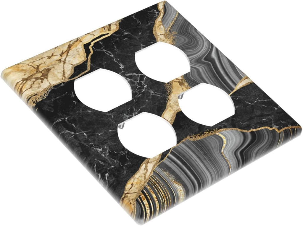 Decorative Outlet Covers Modern Abstract Black Gold Marble 2 Gang Wall Plate Double Duplex Light Switch Cover Switch Plate Covers for Bathroom Kitchen Home Decor