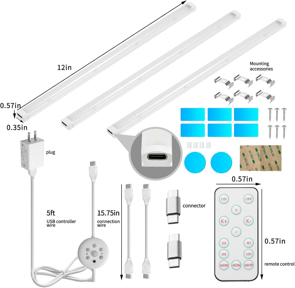 LED Cabinet Lights Bar with Motion Sensor, Dimmable Brightness and Color, Wireless Remote, Ultra Thin Strips Lighting Magnetic Mounting for Kitchen,Bookshelf,Closet 3Pack