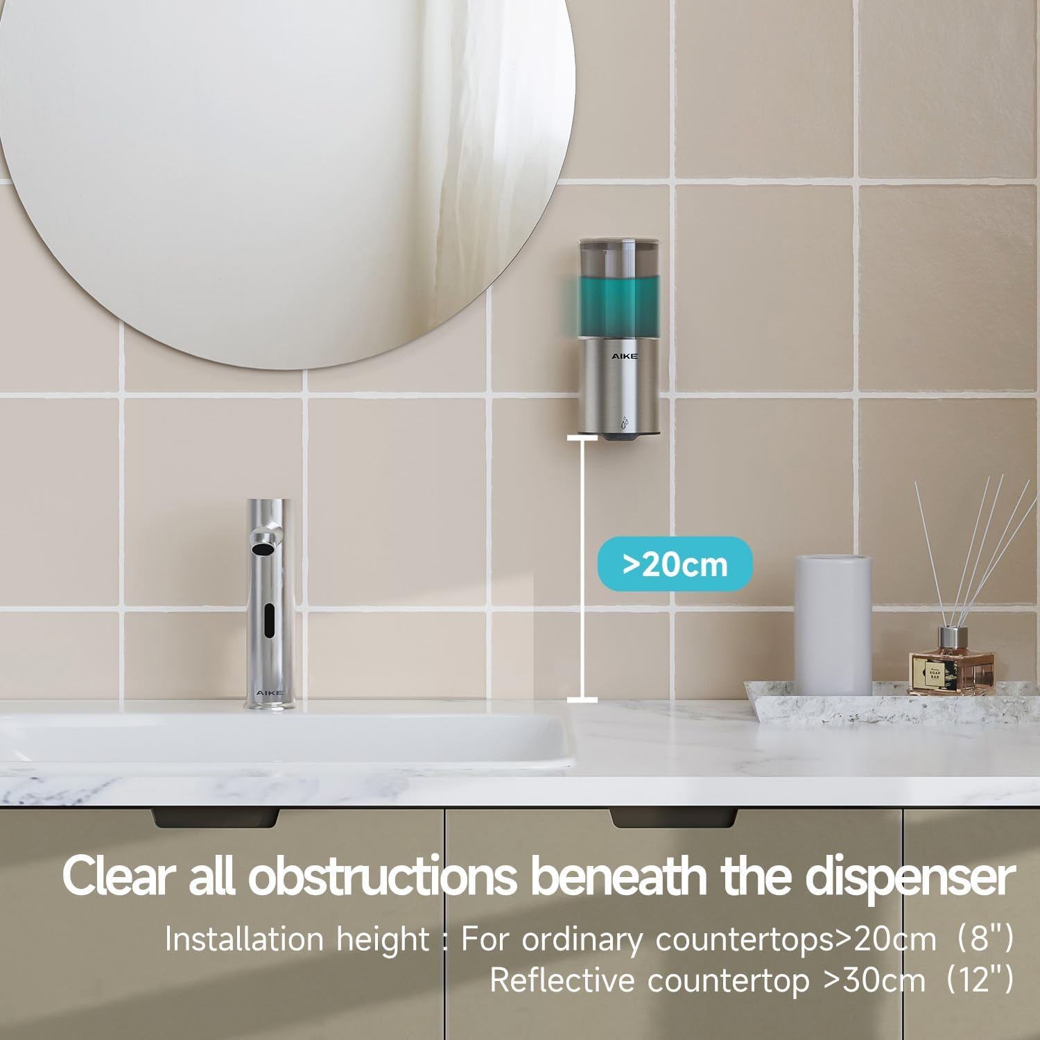 AIKE Automatic Wall Mount Liquid Soap Dispenser for Home and Commercial Bathroom 13.5oz IPX7 Waterproof,Brushed Stainless Steel