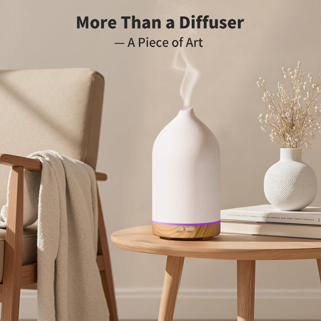 URPOWER 120ML Ceramic Essential Oil Diffuser Ultrasonic Aromatherapy Diffuser with Wood Grain Base, 7-Color LED Lights Auto Shut-Off, Humidifier for Home & Office, Air Diffuser for Relaxation