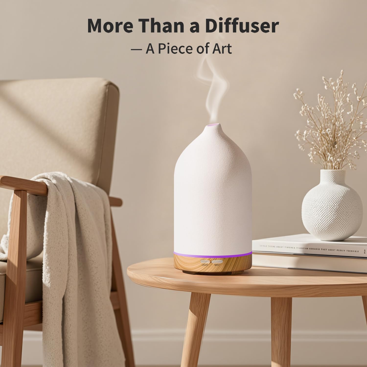 URPOWER 120ML Ceramic Essential Oil Diffuser Ultrasonic Aromatherapy Diffuser with Wood Grain Base, 7-Color LED Lights Auto Shut-Off, Humidifier for Home & Office, Air Diffuser for Relaxation