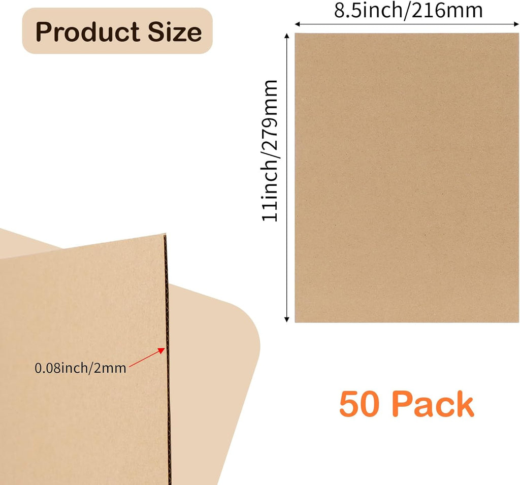 Calenzana 50 Pack 8.5x11 Inch Brown Corrugated Cardboard Sheets Flat Cardboard Sheets for Packing Mailing Dividers and DIY Crafts