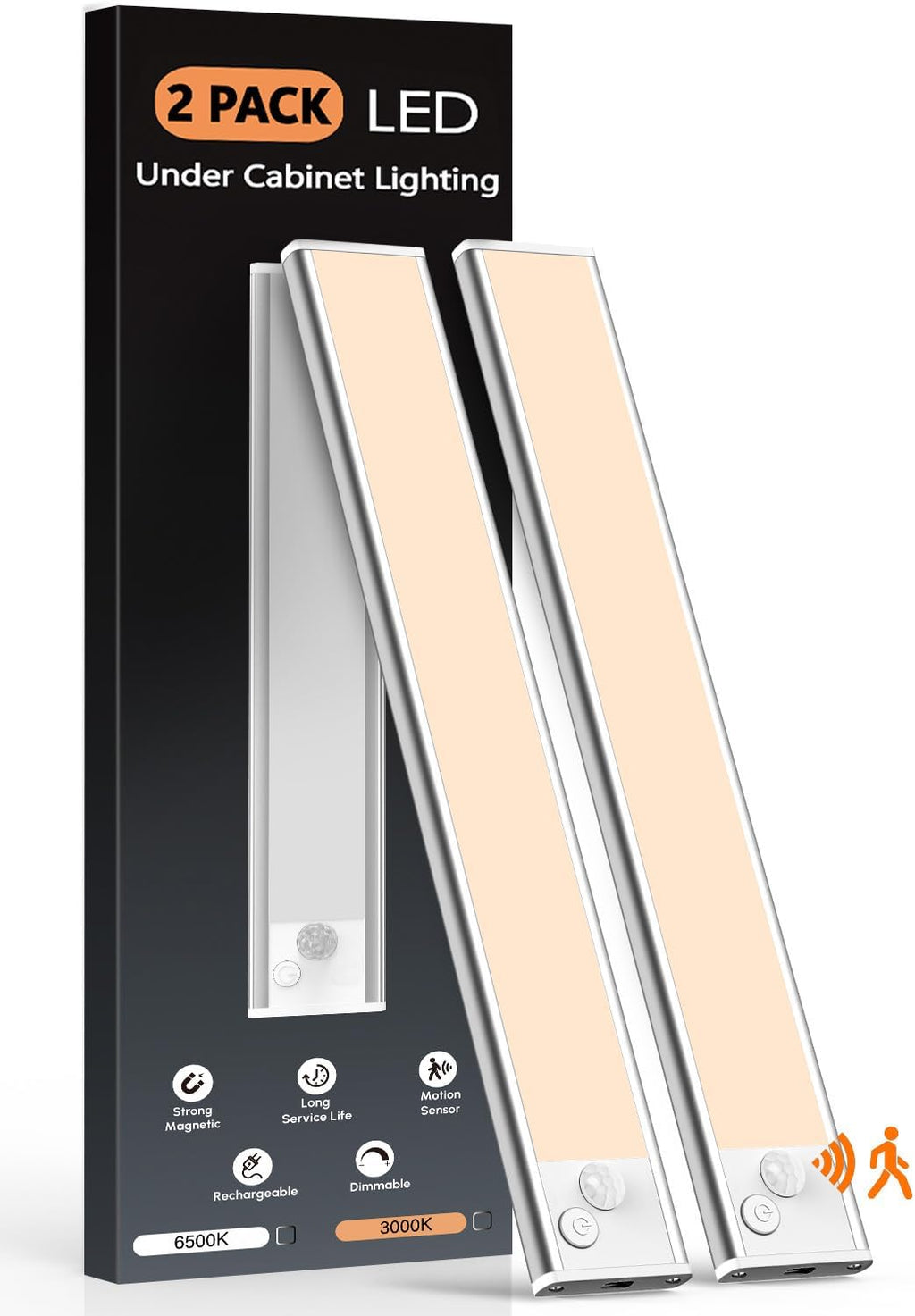 VerRon 10in Under Cabinet Lighting, Upgraded 2200mAh Rechargeable Under Cabinet Lights Wireless, LED Motion Sensor Light Indoor Closet Lights Under-Counter Light Fixtures for Kitchen, Hallway, 2-Pack