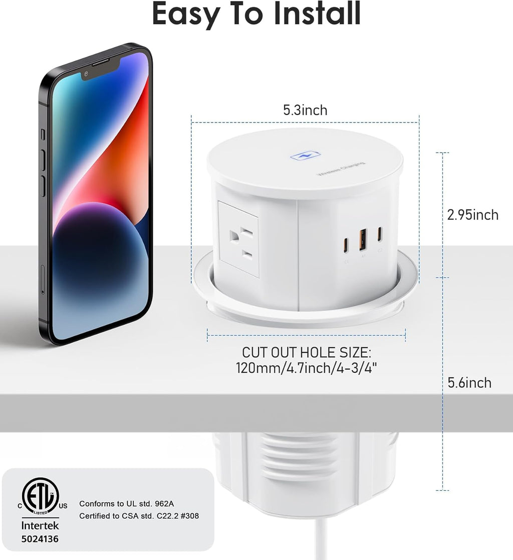 ANNQUAN 4.75" Pop Up Outlet with 65W USB-C,15W Wireless Charger,4 Outlets,3 USB Ports,Pop Up Countertop Receptacle Outlet for Home Office Kitchen