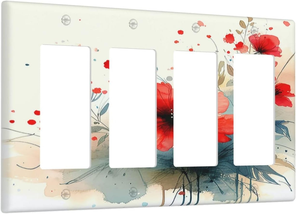 Vintage Floral Red Watercolor Modern Wallplates 4 Gang Quad Rocker Decorative Light Switch Covers Electrical GFCI Faceplate Switch Plate for Bedroom Bathroom Decor