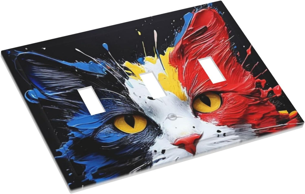 Decorative Light Switch Cover Plate Colorful Doodle Cute Funny Black Red White Cat 3 Gang Wall Plate Oversized Triple Toggle Switch Cover Plate Jumbo Faceplate