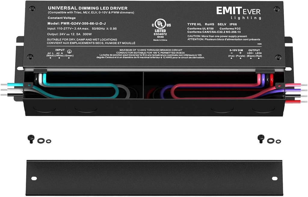 EMITEVER Dimmable Led Driver, 2 Packs 300W AC 110V-277V to DC 24V Transformer, 5-in-1 Dimming: ELV/MLV/TRIAC / 0-10V / 1-10V / 10V PWM/Potentiometer, Waterproof IP67 and UL Listed