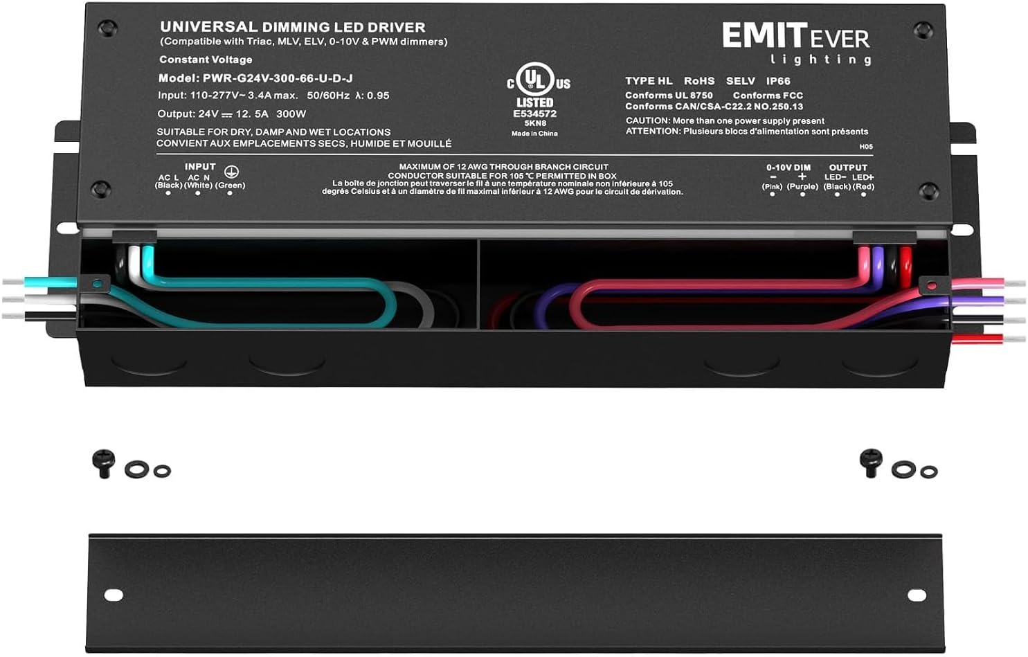 EMITEVER Dimmable Led Driver, 2 Packs 300W AC 110V-277V to DC 24V Transformer, 5-in-1 Dimming: ELV/MLV/TRIAC / 0-10V / 1-10V / 10V PWM/Potentiometer, Waterproof IP67 and UL Listed