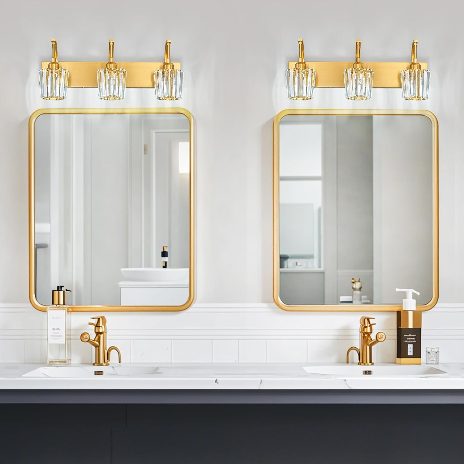Modern Bathroom Vanity Light, 3-Light Gold Wall Sconce with Crystal Accents, Over Mirror Bathroom Lighting Fixture, 23.62" Long Dimmable Vanity Lamp for Makeup, Easy Installation