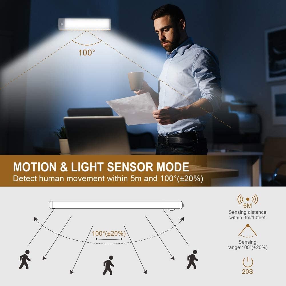 2 Pack Rechargeable Under Cabinet Lights with Motion Sensor - 30 LED 10 Inch, Wireless USB-C Magnetic for Kitchen, Bedroom, Wardrobe Closet Lighting