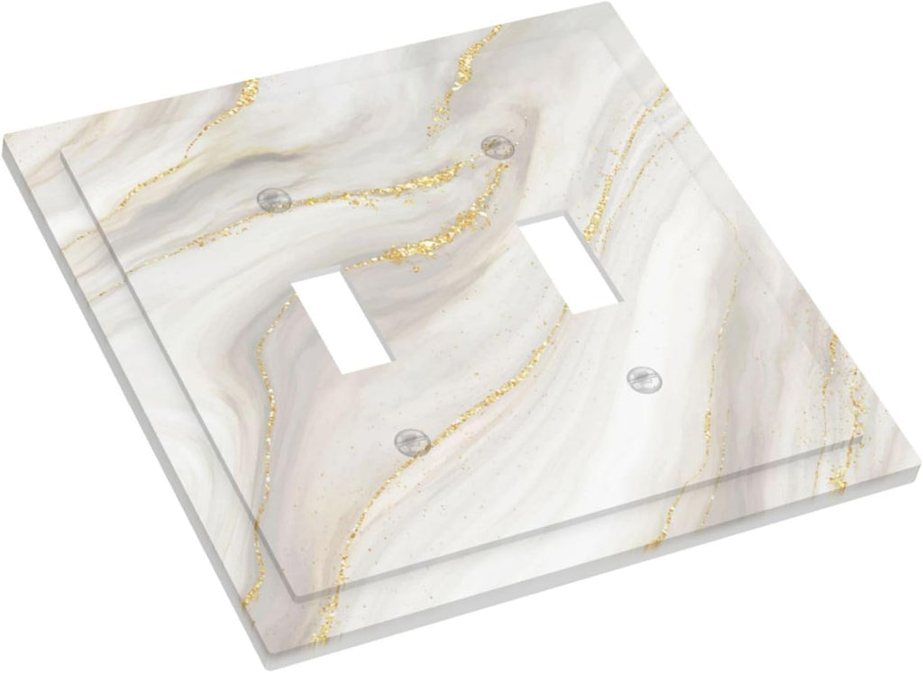 White Grey Gold Marble Simple Tiles Decorative Switch Plates 2 Gang Double Toggle Outlet Light Switch Cover Wall Plate Electrical Faceplate for Bathroom Kitchen Decor