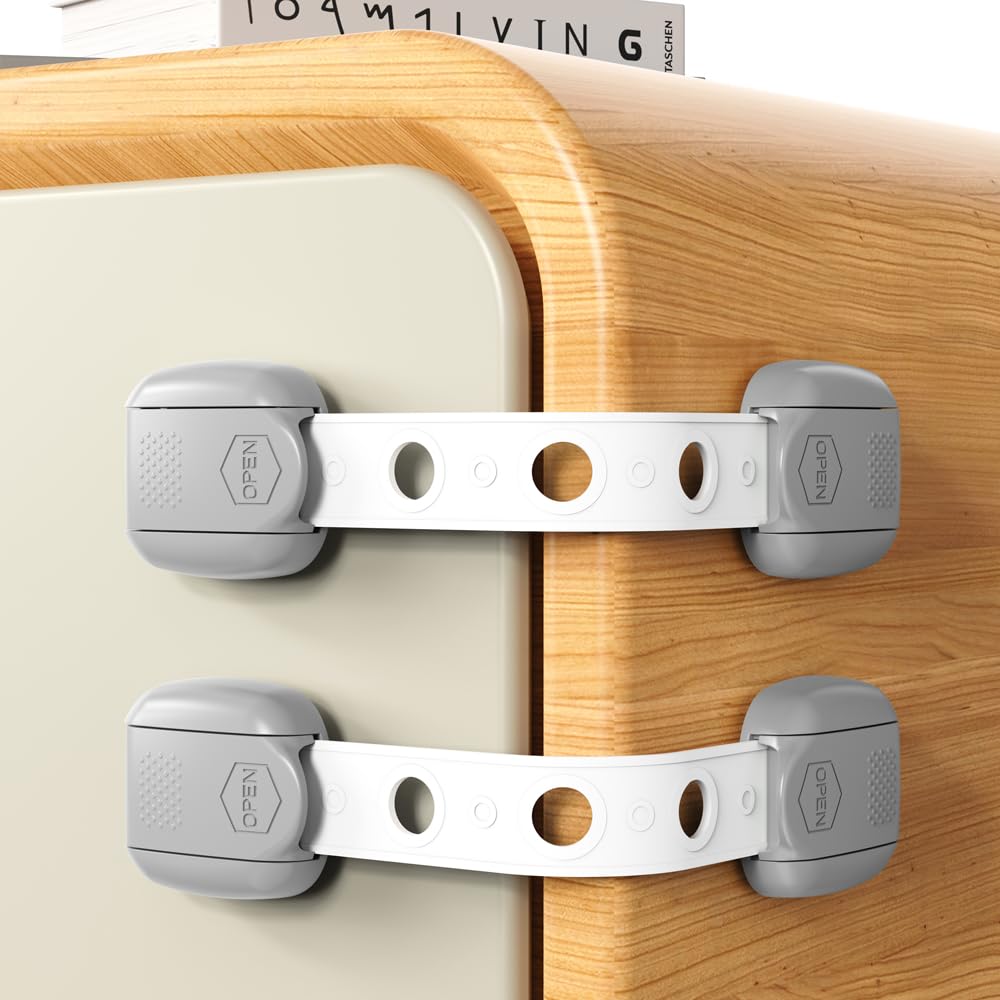 Child Safety Strap Locks (6 Pack) Baby Locks for Cabinets and Drawers, Toilet, Fridge & More. Adhesive Pads. Easy Installation, No Drilling Required, White/Gray (Gray, 6 pcs (Pack of 1))