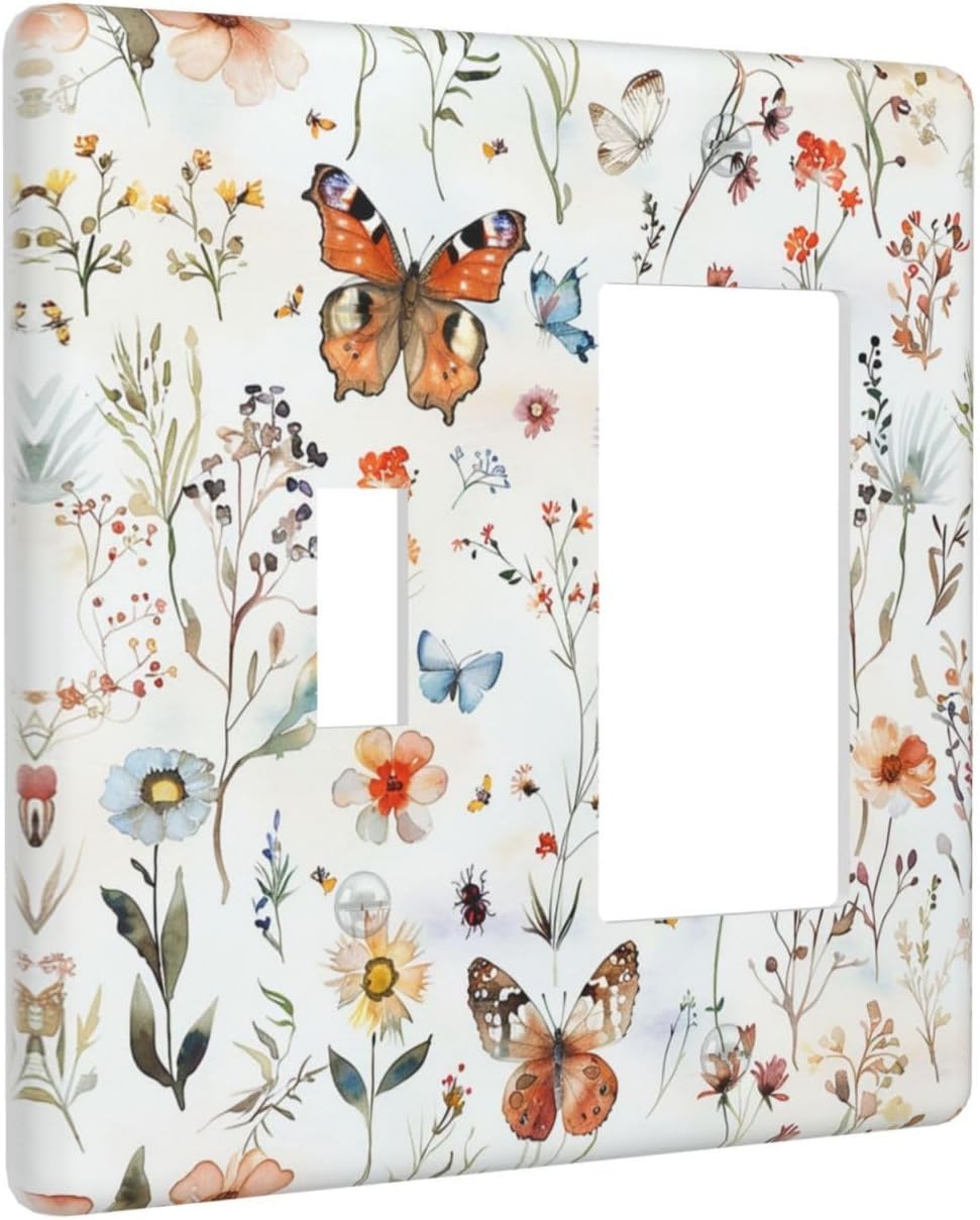 Outlet Covers Butterfly Floral Boho Multicolor Flower Leave 1 Toggle 1 Rocker Combination Decorative Wall Plate Electrical Switch Plates Light Switch Cover Plate for Bed Room living Room