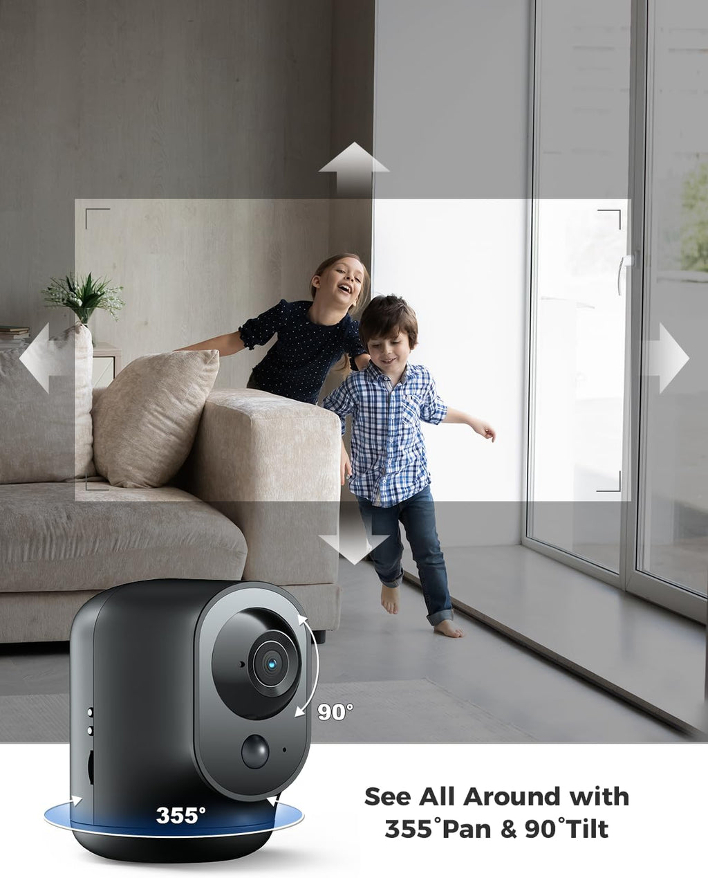 COCOCAM 2K Indoor Pan/Tilt Security Camera with 5200mAh Battery, WiFi Camera,Wireless for Baby Monitor/Pet/Home Security, AI Recognition, PIR Human Detection, 2.4G WiFi (Black)