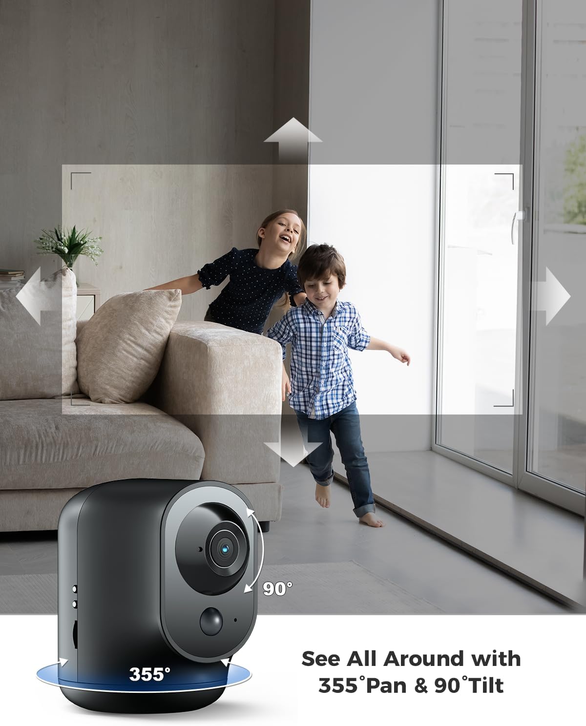 COCOCAM 2K Indoor Pan/Tilt Security Camera with 5200mAh Battery, WiFi Camera,Wireless for Baby Monitor/Pet/Home Security, AI Recognition, PIR Human Detection, 2.4G WiFi (Black)