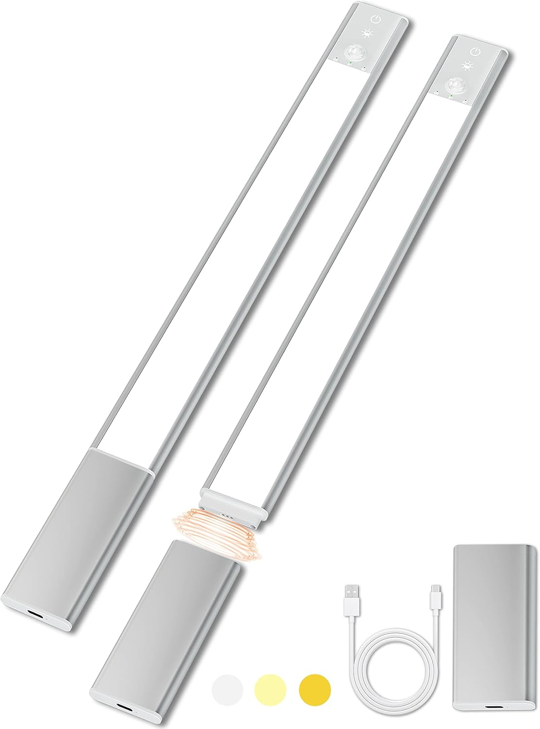 Under Cabinet Lighting, 128 LED Motion Sensor Counter Light, 3 Detachable Batteries, Adjustable Color Dimmable Brightness Closet Lights for Kitchen, Stairs(2 Pack, 20.16 in)