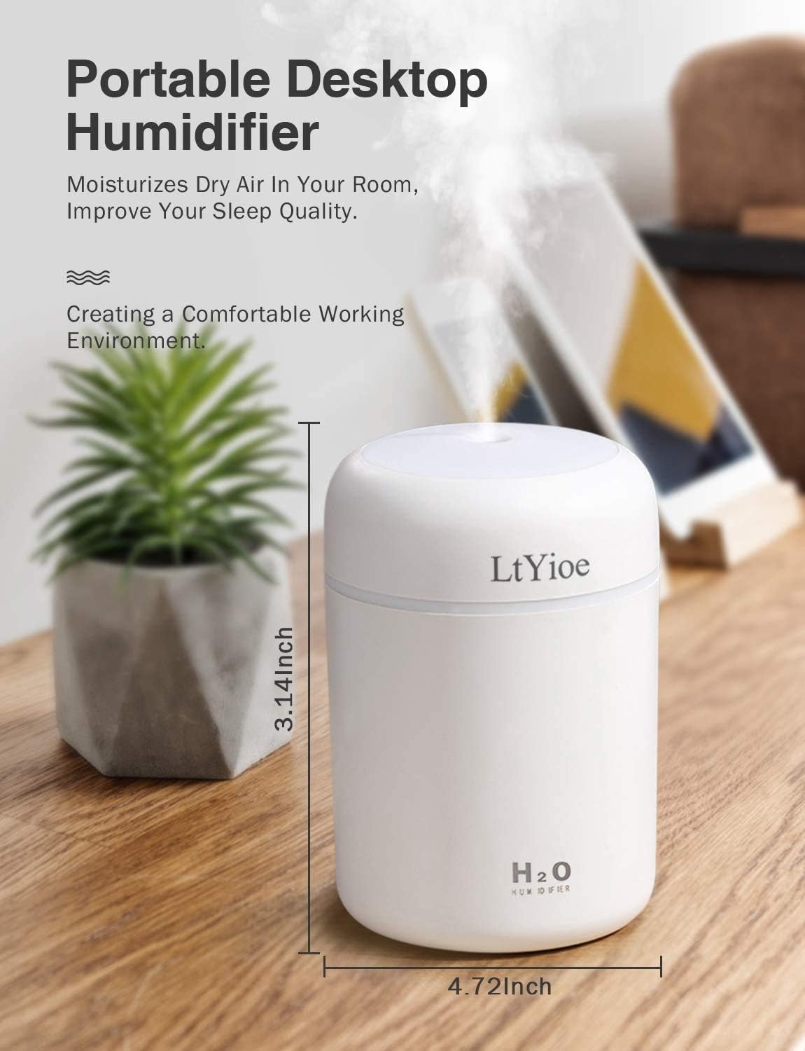 Colorful Cool Mini Humidifier, USB Personal Desktop Humidifier for Car, Office Room, Bedroom,etc. Auto Shut-Off, 2 Mist Modes, Super Quiet. (White)
