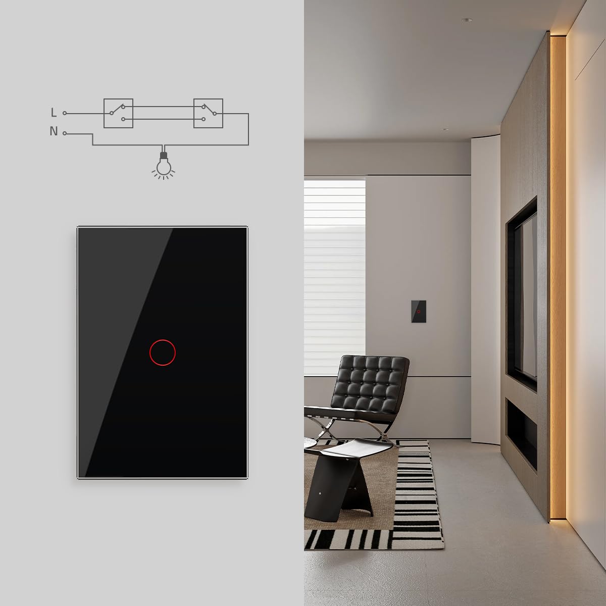 LIVOLO Modern Electrical Wall Light Switch 1Gang Tempered Glass Panel 2 Pole Wall Touch Light Switch with Led Indicator,No Neutral Wire 3Way (1Gang Black)