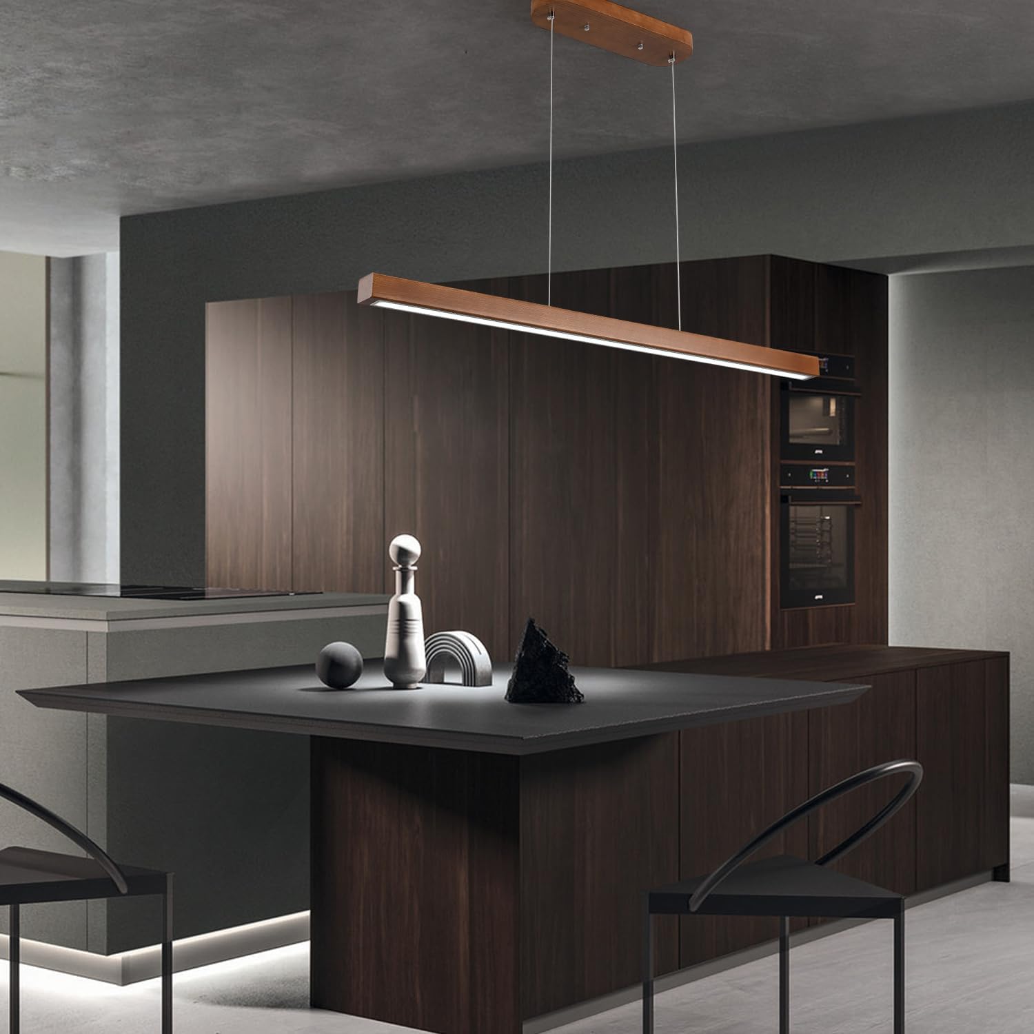 47" Wood Linear Pendant Light Fixtures Modern Led 36w Dimmable Pendant Lighting Ceiling Hanging Lights Wood Linear Chandeliers for Kitchen Island Dining Room Pool Table Walnut Color