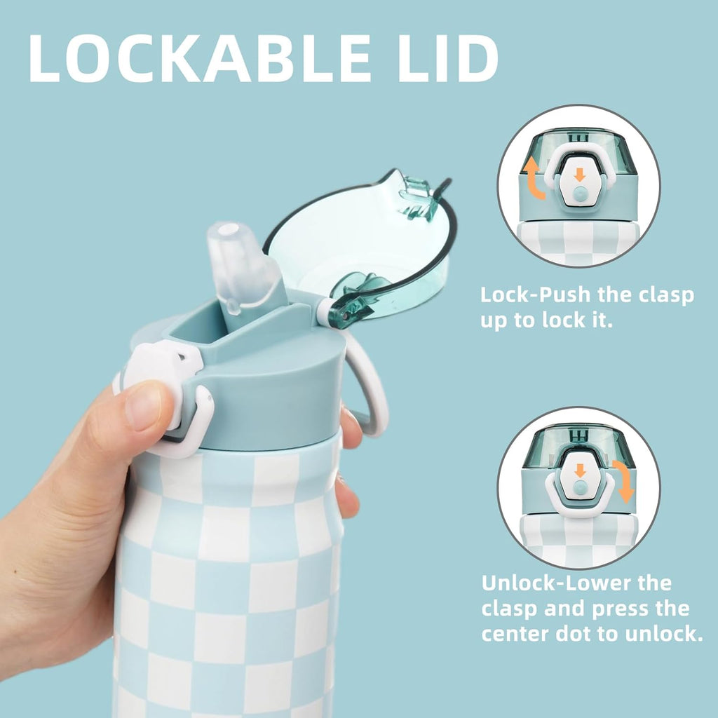 Insulated Water Bottle with Straw and Carry Loop,18 oz Stainless Steel Double Wall Vaccum Metal Water Flask with Leak-proof Lid,Blue White Plaid