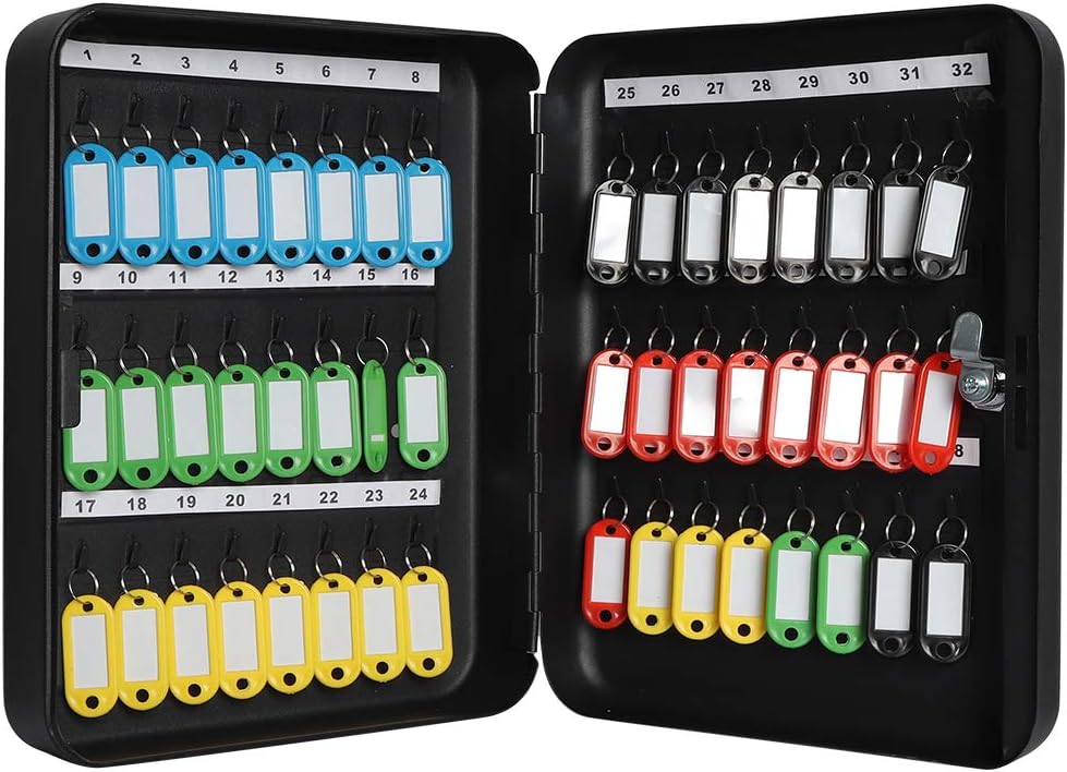 Jssmst Wall Mount Key Storage Box with Code, Locking Key Cabinet Security, 48 Key Hooks & Tags Labels, 11.81 x 9.45 x 2.95 inches, Black Matt
