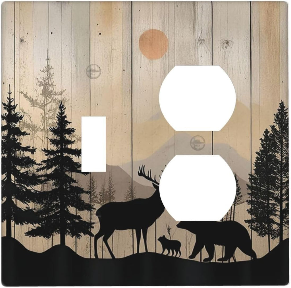 Wallplates Wood Board Wildlife Cute Bear Deer Forest Rustic 1 Toggle 1 Duplex Switch Plate Electrical GFCI Faceplate Decorative Light Switch Covers for Bathroom Farmhouse Decor