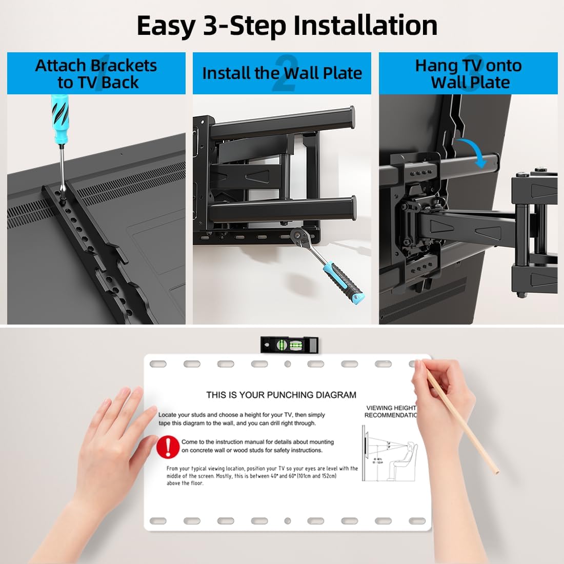 HOME VISION Full Motion TV Wall Mount for 32-85 inch TVs up to 132lbs, Fits 8”/ 12” /16” Wood Studs, TV Mount Wall Bracket with Dual Articulating Arms, Swivel, Tilt, Max VESA 600x400mm
