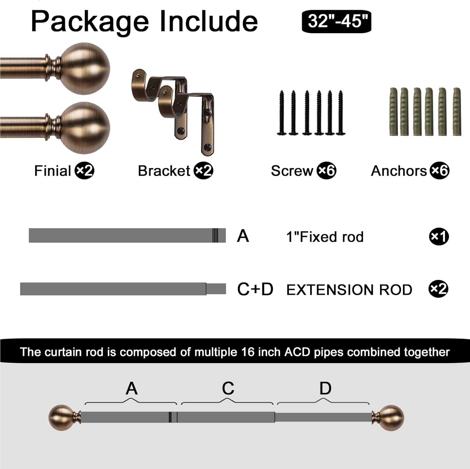 Brass Curtain Rods for Windows 18 to 45 inches, 1 Inch Modern Metal Drapery Rods, Adjustable Heavy Duty Curtain Pole with Round Finials(18"-45"Antique Brass)