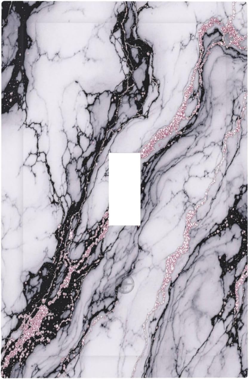 Decorative Light Switch Cover White Marble Pattern Black Lines Pink Lines 1 Gang Single Toggle Device Electrical Faceplate Switchplates Decorator Outlet Wall Plate for living Room