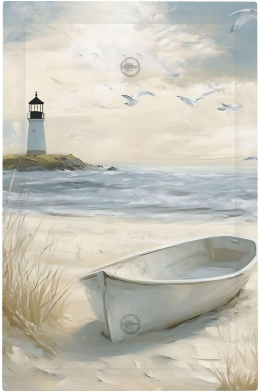 Decorative Light Switch Plate Covers Seascape Painting with Lighthouse Boats 1 Gang No Device Single Blank Outlet Covers Wall Plate Light Switch Covers for Bedroom Home Decor